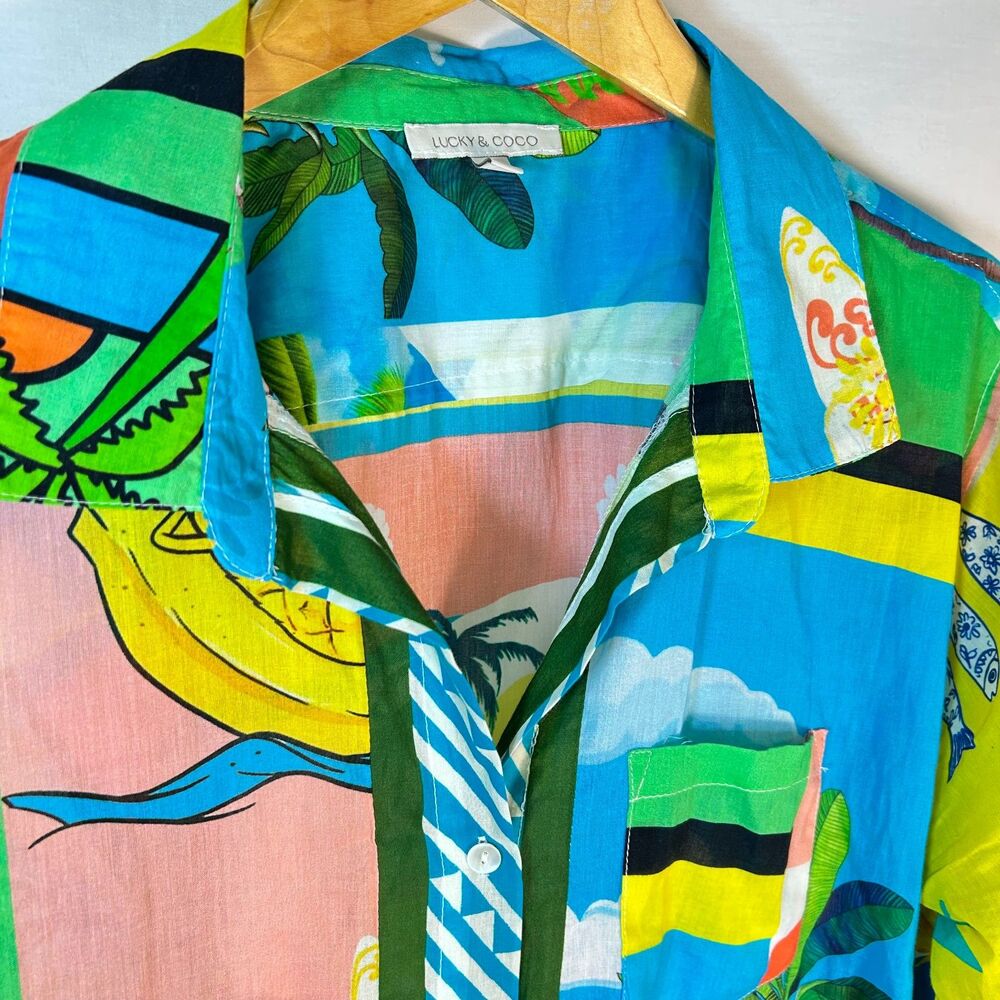 Lucky & Coco NWOT Women's Vibrant Tropical Patchwork Button Front LS Shirt Sz XL - Picture 3 of 15